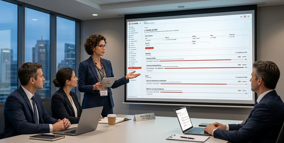Executiva apresentando os indicadores de ESG e conformidade do DPOSafe para a diretoria em uma sala de reunião