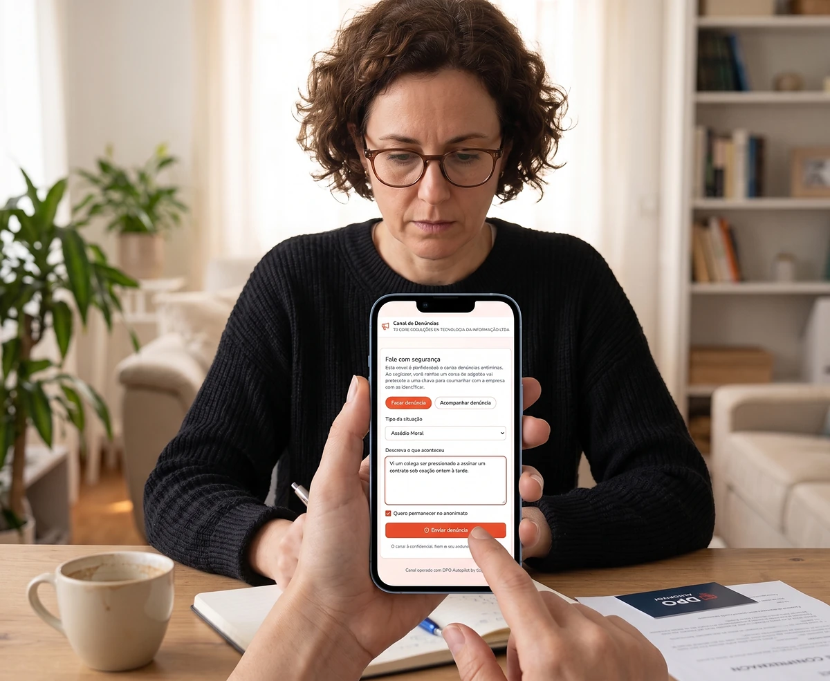Pessoa registrando uma denúncia anônima pelo celular no canal de denúncias público do DPOSafe